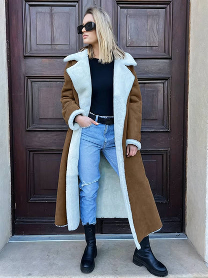 Levoire | Long Aviator Coat Faux Leather Pockets Lapel Collar Long Sleeves Women'S Elegant Casual Oversized Casual Winter Jacket