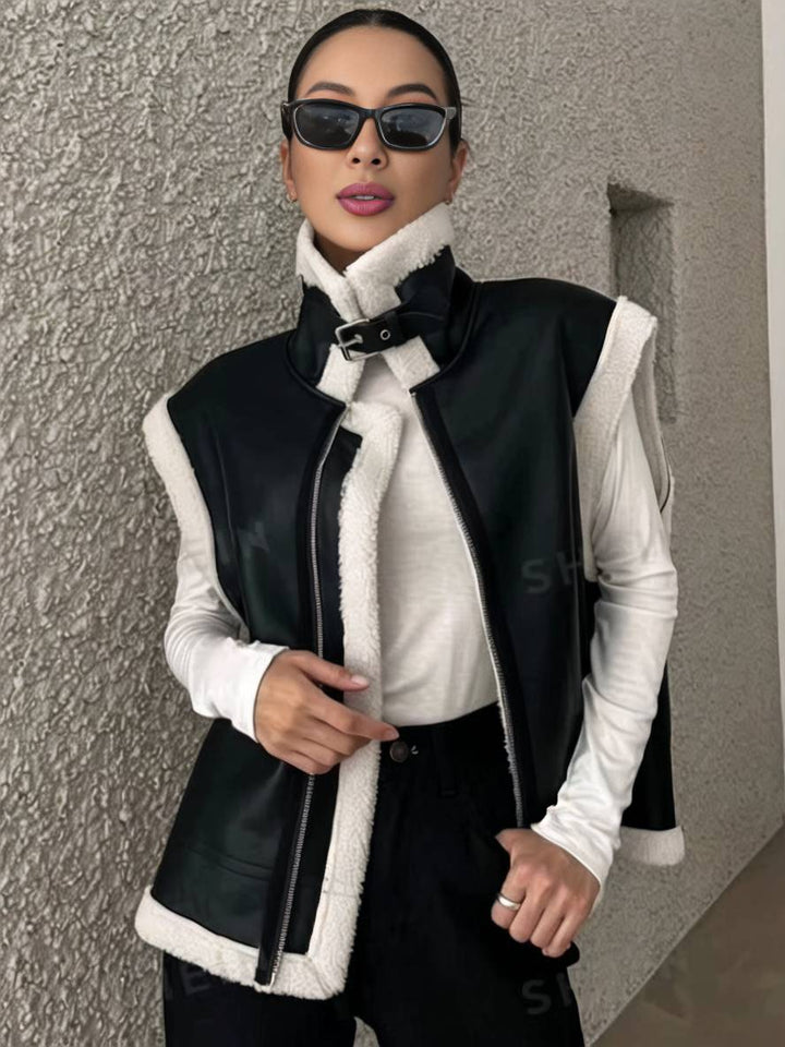 Levoire | Veste Aviateur Sans Manches En Cuir Synthétique Avec Fermeture Éclair Poches Col À Revers Femmes Mode Décontractée Oversized Veste Noir