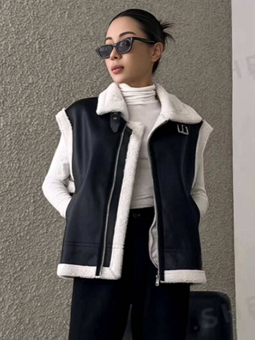 Levoire | Veste Aviateur Sans Manches En Cuir Synthétique Avec Fermeture Éclair Poches Col À Revers Femmes Mode Décontractée Oversized Veste