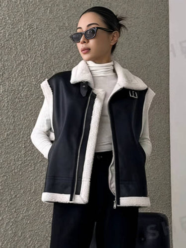 Levoire | Veste Aviateur Sans Manches En Cuir Synthétique Avec Fermeture Éclair Poches Col À Revers Femmes Mode Décontractée Oversized Veste