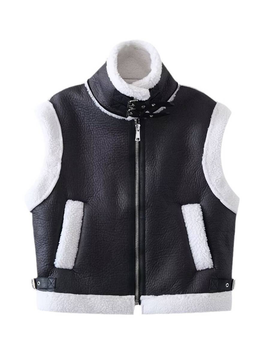 Levoire | Veste Aviateur Sans Manches En Cuir Synthétique Avec Fermeture Éclair Poches Col À Revers Femmes Mode Décontractée Oversized Veste