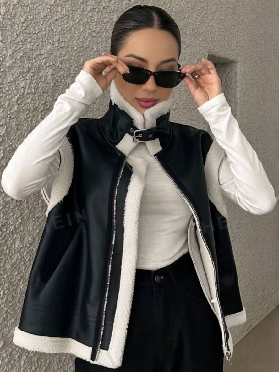 Levoire | Veste Aviateur Sans Manches En Cuir Synthétique Avec Fermeture Éclair Poches Col À Revers Femmes Mode Décontractée Oversized Veste