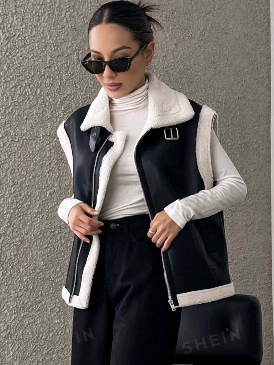 Levoire | Veste Aviateur Sans Manches En Cuir Synthétique Avec Fermeture Éclair Poches Col À Revers Femmes Mode Décontractée Oversized Veste