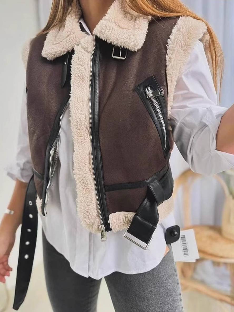 Levoire | Gilet Sans Manches De Pilote Opaque Poches Ceinture Col À Revers Col Montant Femme Décontracté Détente Gilet Hiver Chaud Noir