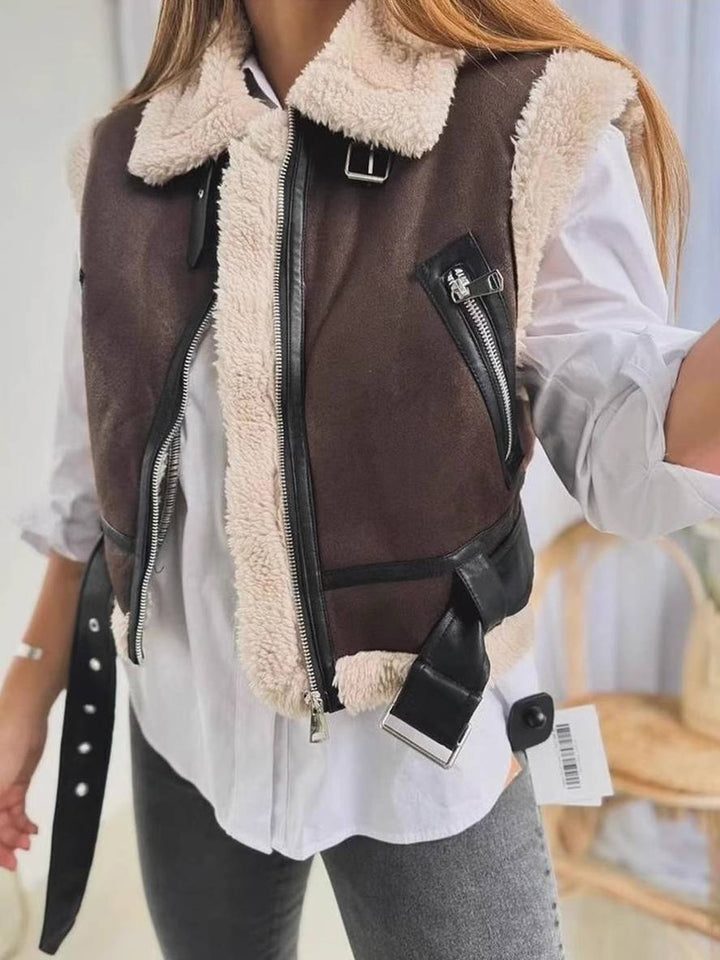 Levoire | Gilet Sans Manches De Pilote Opaque Poches Ceinture Col À Revers Col Montant Femme Décontracté Détente Gilet Hiver Chaud Noir