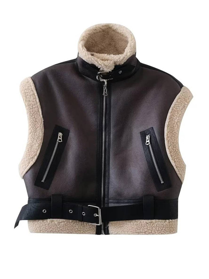 Levoire | Gilet Sans Manches De Pilote Opaque Poches Ceinture Col À Revers Col Montant Femme Décontracté Détente Gilet Hiver Chaud