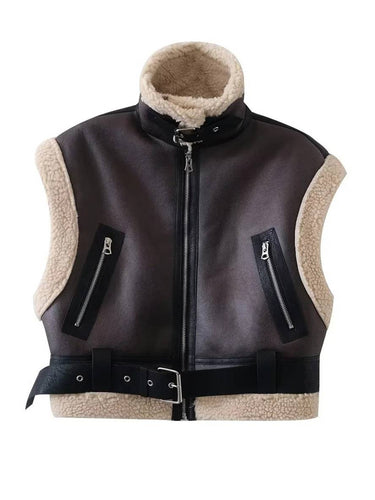 Levoire | Gilet Sans Manches De Pilote Opaque Poches Ceinture Col À Revers Col Montant Femme Décontracté Détente Gilet Hiver Chaud