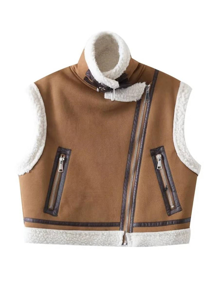 Levoire | Gilet Sans Manches De Pilote Opaque Poches Ceinture Col À Revers Col Montant Femme Décontracté Détente Gilet Hiver Chaud