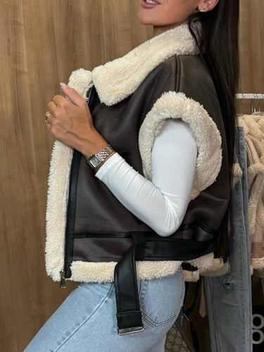 Levoire | Veste Aviateur Courte En Suede-Fleece Sans Manches Avec Fermeture Éclair, Poches, Ceinture Pour Femmes, Gilet Décontracté En Suede