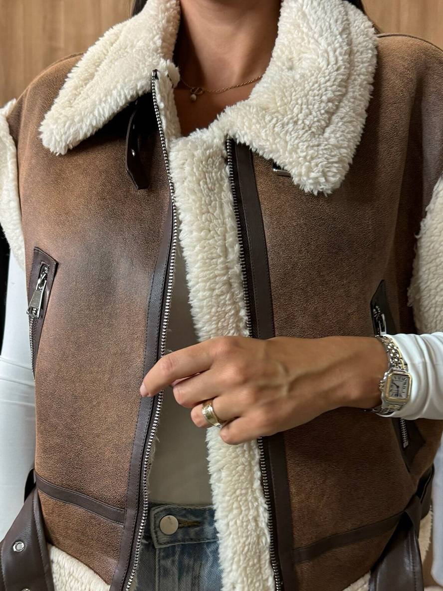 Levoire | Veste Aviateur Courte En Suede-Fleece Sans Manches Avec Fermeture Éclair, Poches, Ceinture Pour Femmes, Gilet Décontracté En Suede