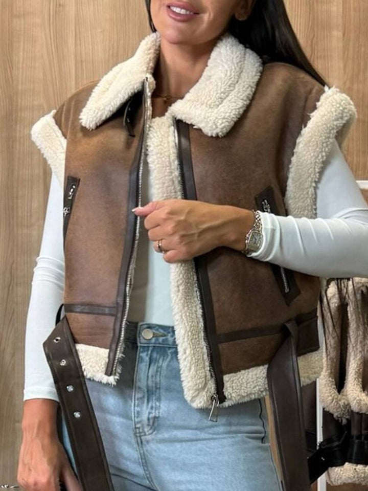 Levoire | Veste Aviateur Courte En Suede-Fleece Sans Manches Avec Fermeture Éclair, Poches, Ceinture Pour Femmes, Gilet Décontracté En Suede