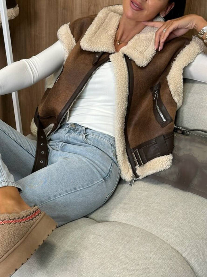 Levoire | Veste Aviateur Courte En Suede-Fleece Sans Manches Avec Fermeture Éclair, Poches, Ceinture Pour Femmes, Gilet Décontracté En Suede