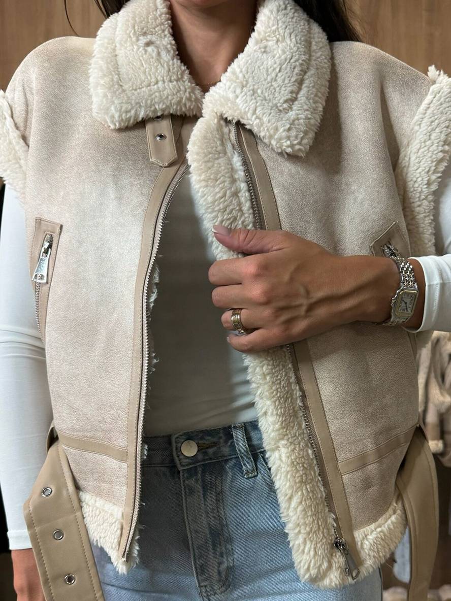 Levoire | Veste Aviateur Courte En Suede-Fleece Sans Manches Avec Fermeture Éclair, Poches, Ceinture Pour Femmes, Gilet Décontracté En Suede