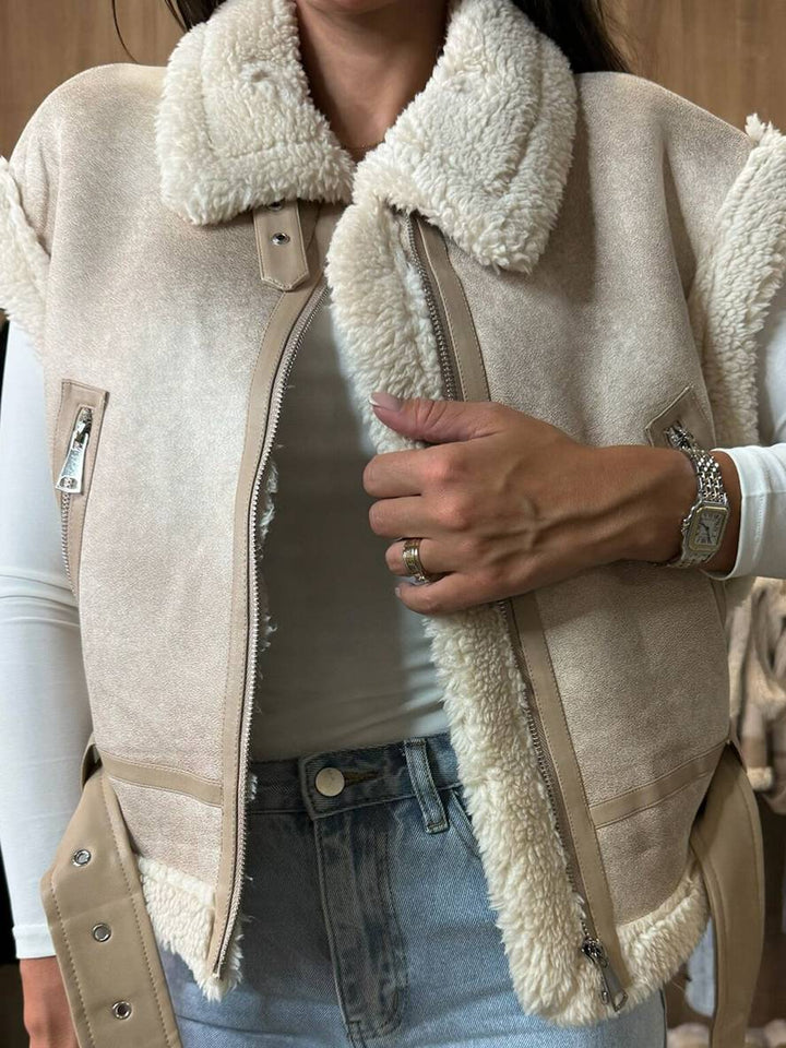 Levoire | Veste Aviateur Courte En Suede-Fleece Sans Manches Avec Fermeture Éclair, Poches, Ceinture Pour Femmes, Gilet Décontracté En Suede