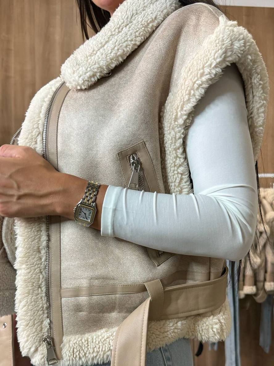 Levoire | Veste Aviateur Courte En Suede-Fleece Sans Manches Avec Fermeture Éclair, Poches, Ceinture Pour Femmes, Gilet Décontracté En Suede