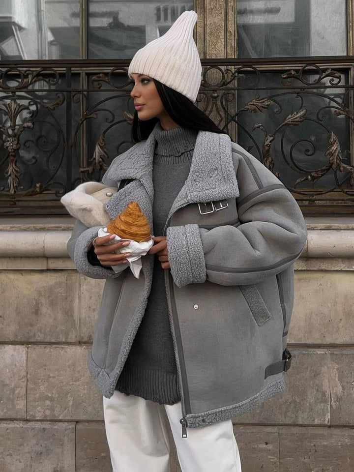 Levoire | Manteau Aviateur En Fleece Revers Fermeture Éclair Poches Boucle Chunky Dames Élégante Décontractée Veste D'Hiver Oversized Gris