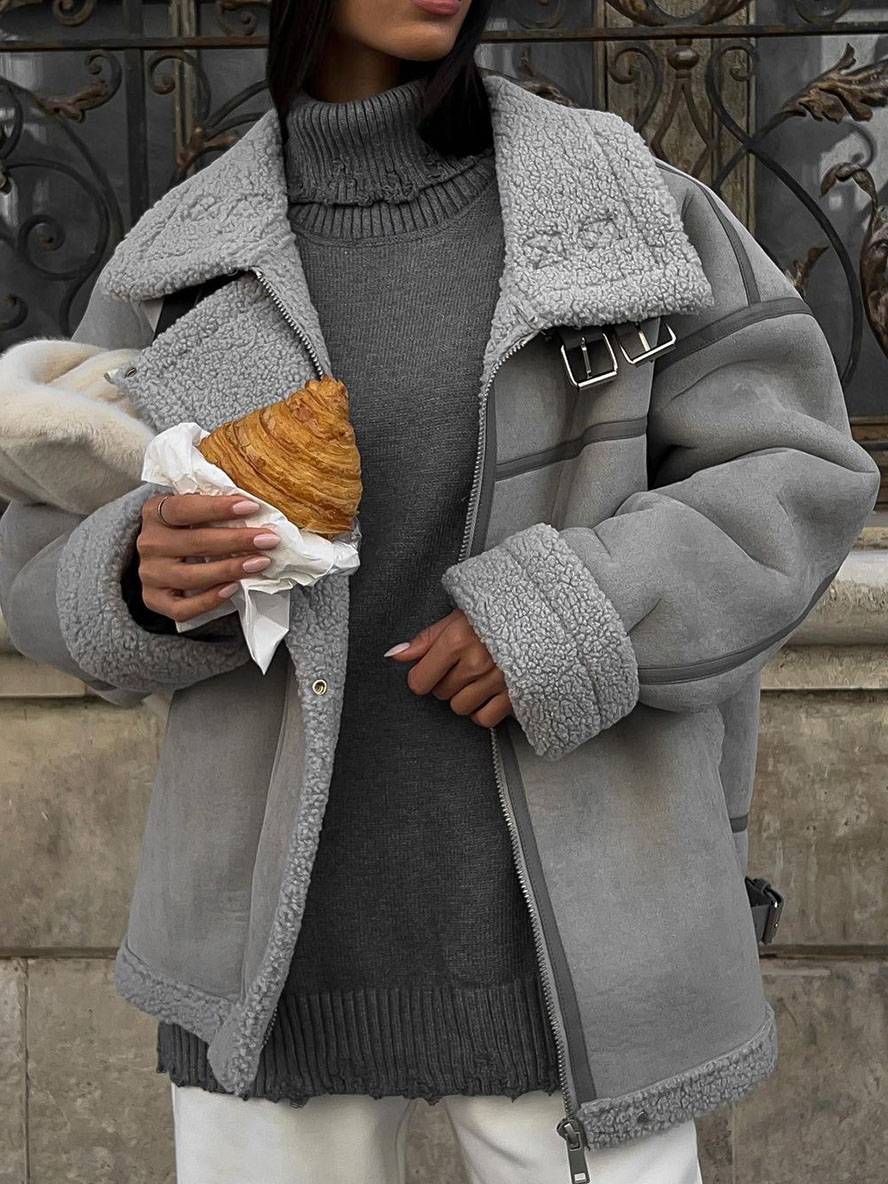 Levoire | Manteau Aviateur En Fleece Revers Fermeture Éclair Poches Boucle Chunky Dames Élégante Décontractée Veste D'Hiver Oversized
