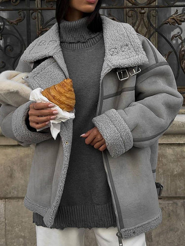 Levoire | Manteau Aviateur En Fleece Revers Fermeture Éclair Poches Boucle Chunky Dames Élégante Décontractée Veste D'Hiver Oversized