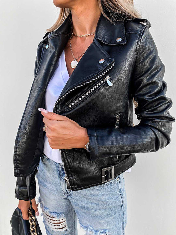 Levoire | Court Perfecto Femme Cuir Synthétique Avec Poches Sac Banane Col À Revers Fermeture Éclair Veste De Motard Style Boyfriend