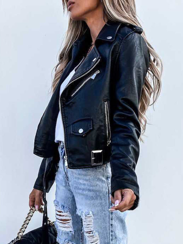 Levoire | Court Perfecto Femme Cuir Synthétique Avec Poches Sac Banane Col À Revers Fermeture Éclair Veste De Motard Style Boyfriend