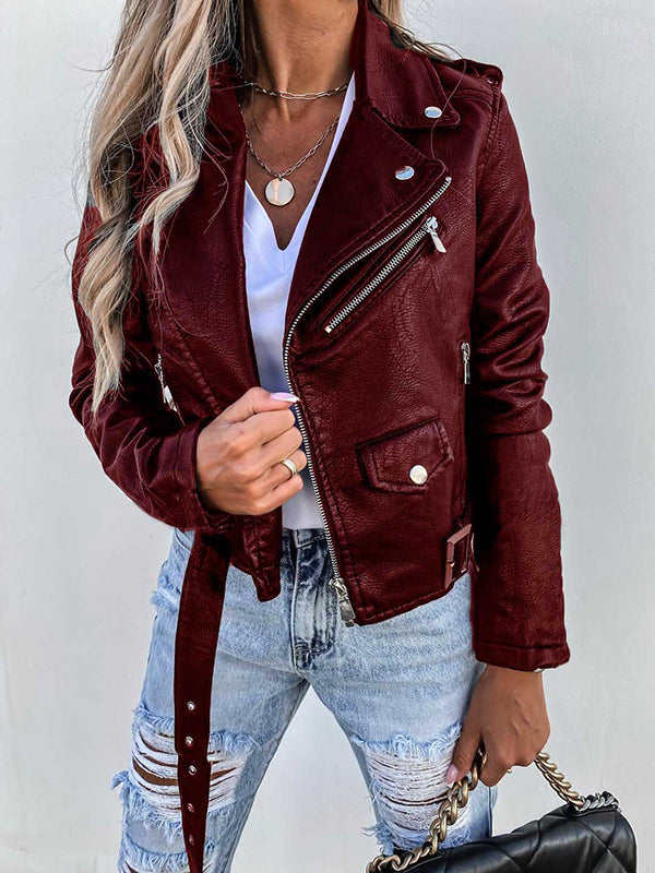 Levoire | Court Perfecto Femme Cuir Synthétique Avec Poches Sac Banane Col À Revers Fermeture Éclair Veste De Motard Style Boyfriend Bordeaux