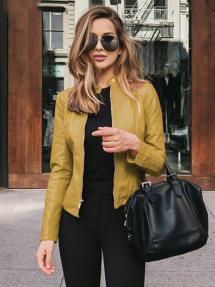 Levoire | Veste Courte Perfekto En Simili Cuir Col Montant Manches Longues Femmes Élégante Décontractée Automne Jaune