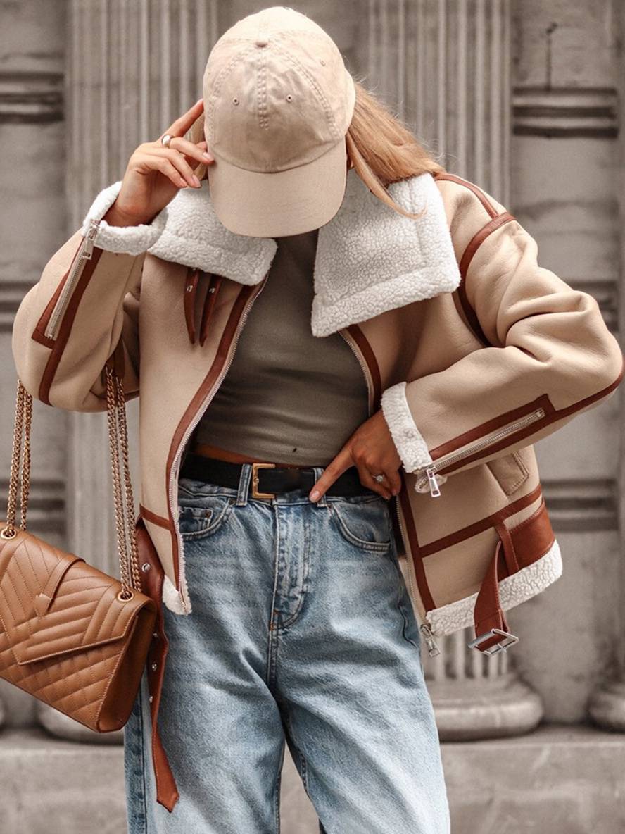 Levoire | Veste Pilote Courte Poche En Polaire Ceinture Boucle Chunky Revers Femmes Oversized Décontractée Hiver Bomber Khaki