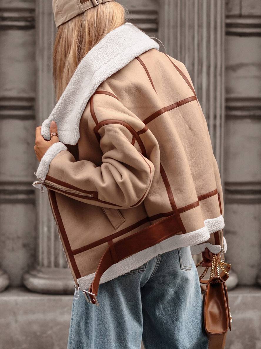 Levoire | Veste Pilote Courte Poche En Polaire Ceinture Boucle Chunky Revers Femmes Oversized Décontractée Hiver Bomber