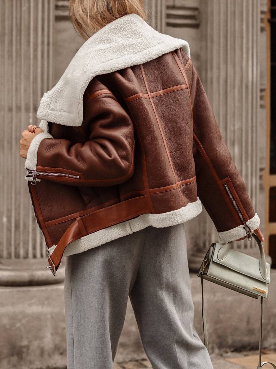 Levoire | Veste Pilote Courte Poche En Polaire Ceinture Boucle Chunky Revers Femmes Oversized Décontractée Hiver Bomber
