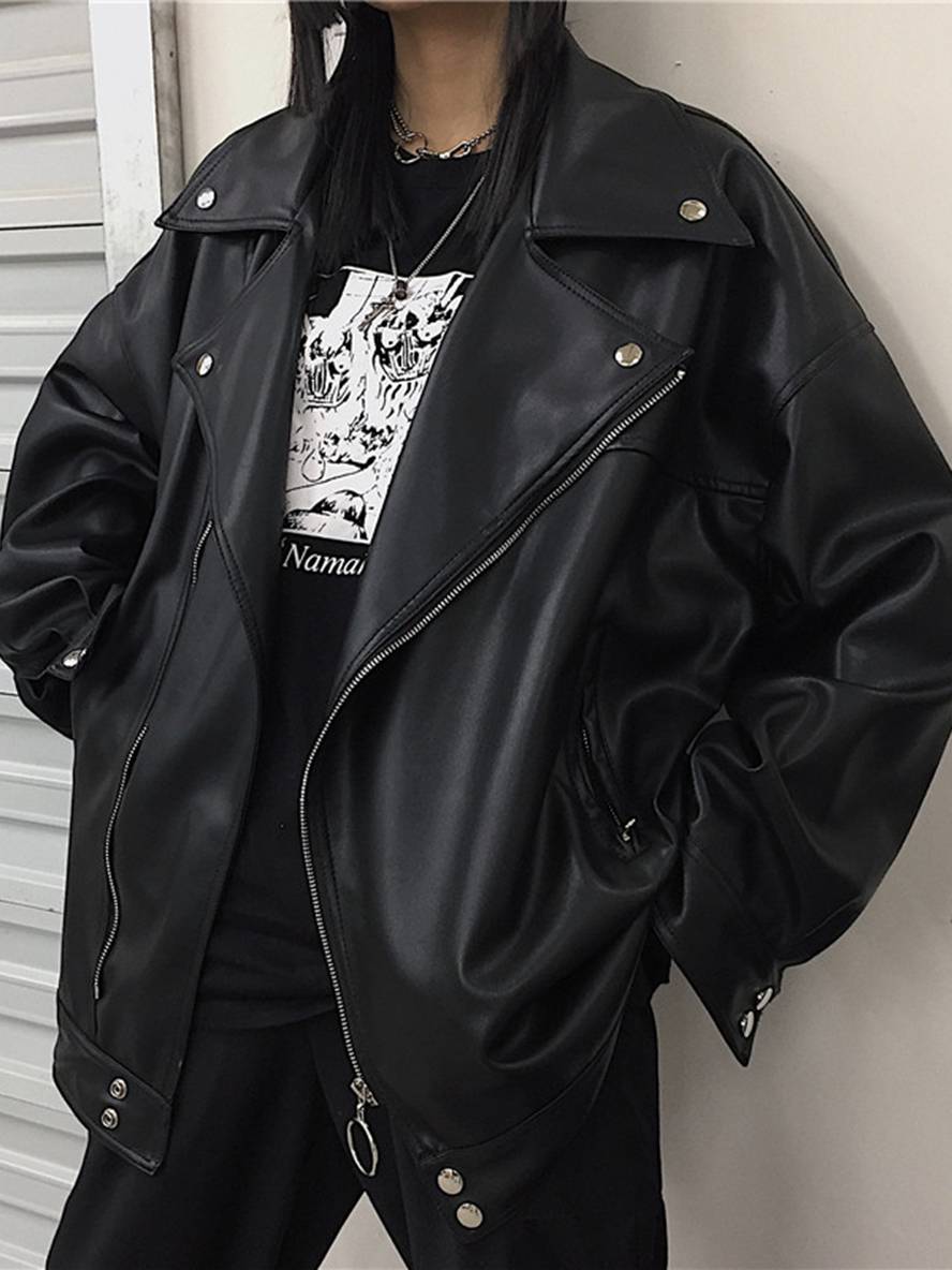 Levoire | Perfecto Vestes En Simili Cuir Poches Col À Revers Dames Oversize Vintage Décontracté Style Biker Noir