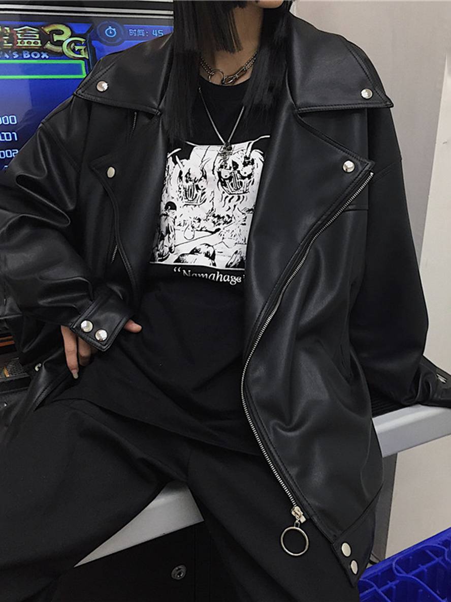 Levoire | Perfecto Vestes En Simili Cuir Poches Col À Revers Dames Oversize Vintage Décontracté Style Biker