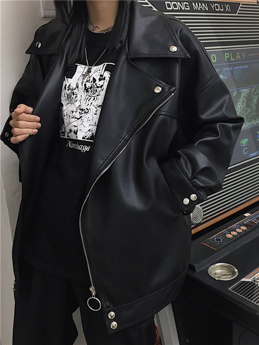 Levoire | Perfecto Vestes En Simili Cuir Poches Col À Revers Dames Oversize Vintage Décontracté Style Biker