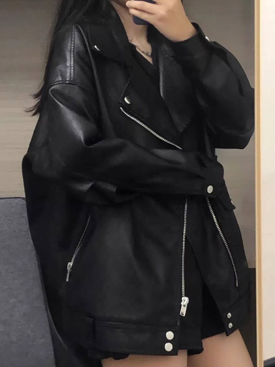 Levoire | Veste En Simili Cuir Avec Poches Zippées Col Revers Femme Élégant Vintage Décontracté Large Manteau