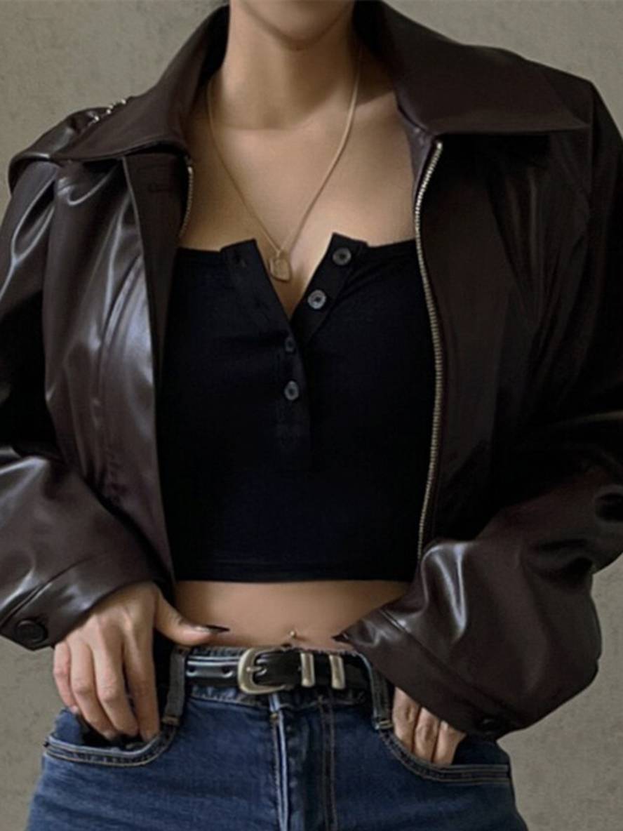 Levoire | Veste Courte Perfecto En Simili Cuir Pour Femmes, Col À Revers, Fermeture Éclair, Élégant, Vintage, Décontracté