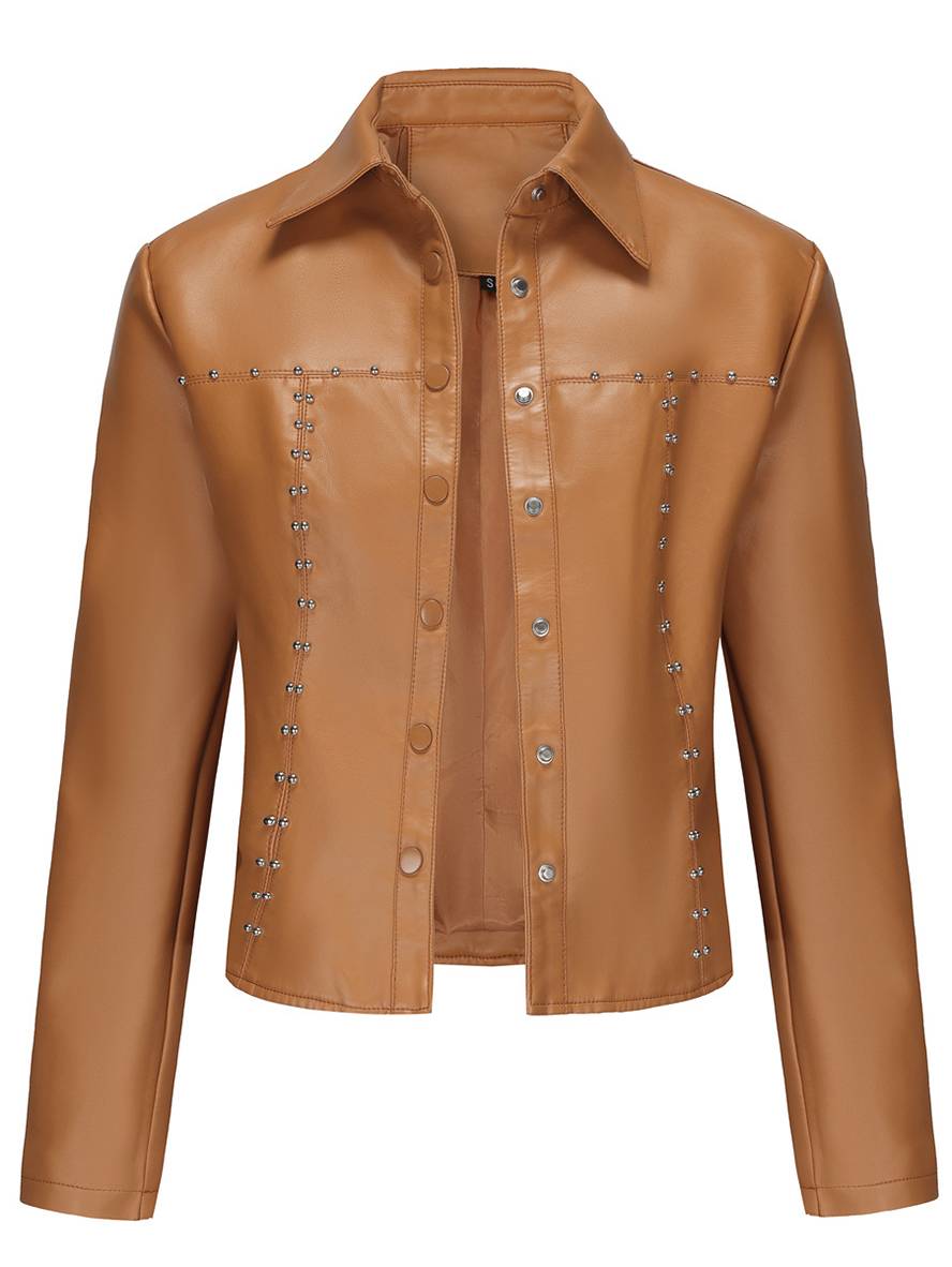 Levoire | Veste Courte Parfaite En Simili Cuir Avec Boutons Pression Et Clous, Col À Revers, Manches Longues, Mode De Loisirs Pour Femmes, Veste D'Automne