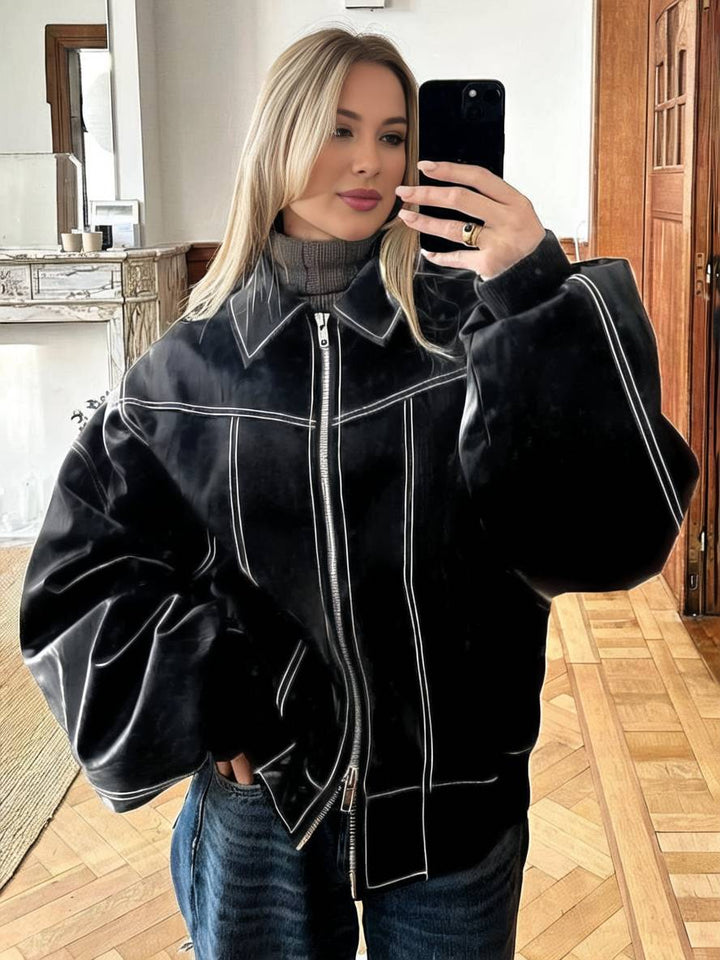 Levoire | Veste De Motard En Simili Cuir Poches Col À Revers Manches Longues Femme Élégant Vintage Décontracté Surdimensionné Noir