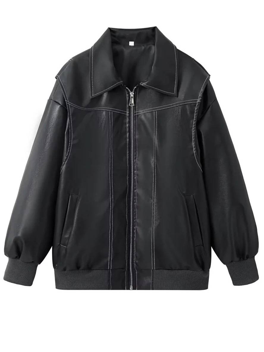 Levoire | Veste De Motard En Simili Cuir Poches Col À Revers Manches Longues Femme Élégant Vintage Décontracté Surdimensionné