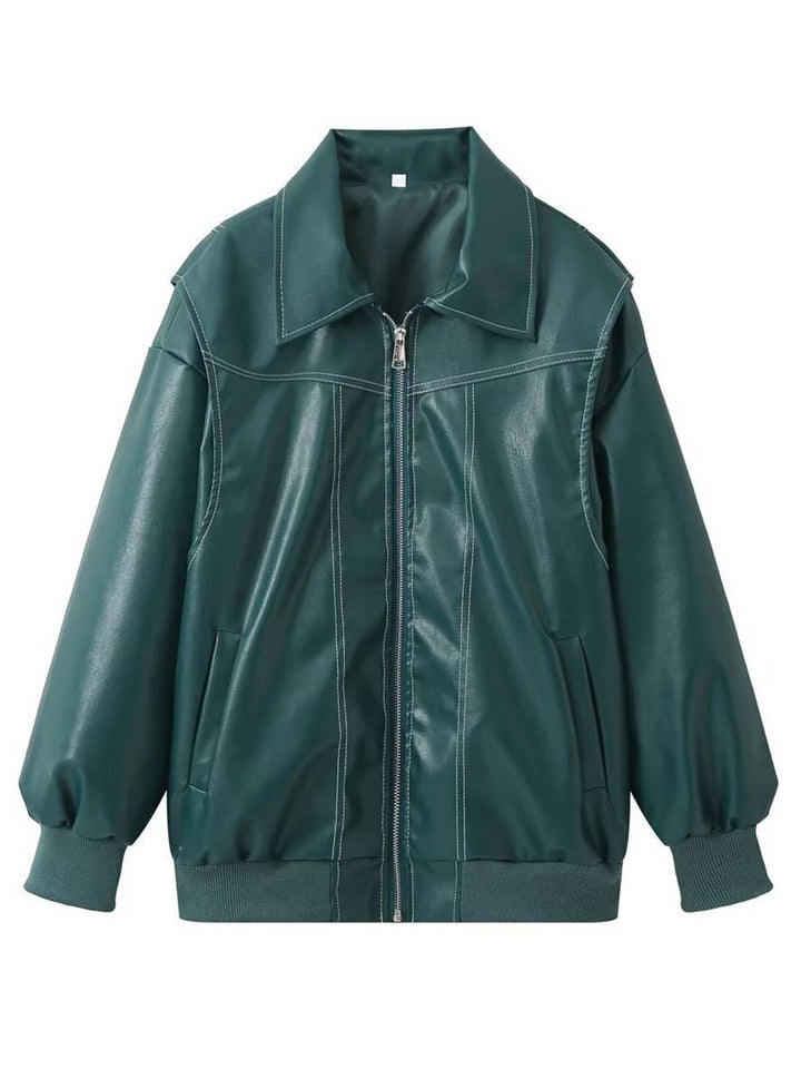 Levoire | Veste De Motard En Simili Cuir Poches Col À Revers Manches Longues Femme Élégant Vintage Décontracté Surdimensionné