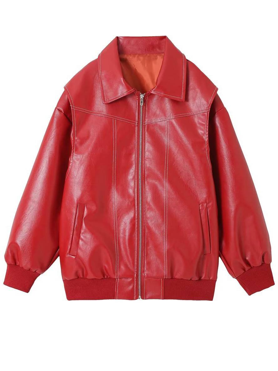 Levoire | Veste De Motard En Simili Cuir Poches Col À Revers Manches Longues Femme Élégant Vintage Décontracté Surdimensionné