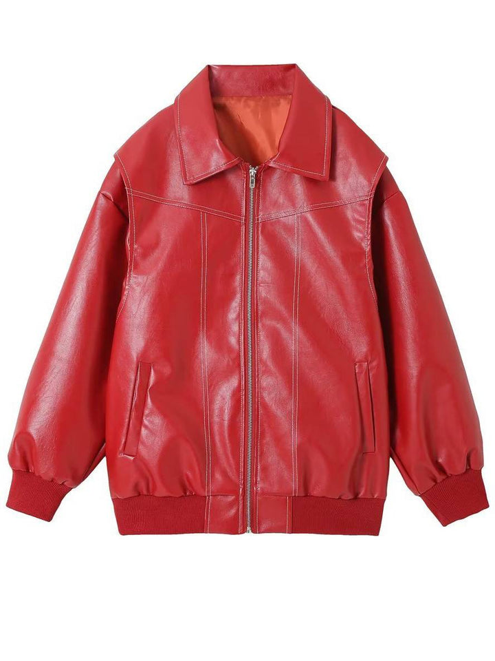 Levoire | Veste De Motard En Simili Cuir Poches Col À Revers Manches Longues Femme Élégant Vintage Décontracté Surdimensionné