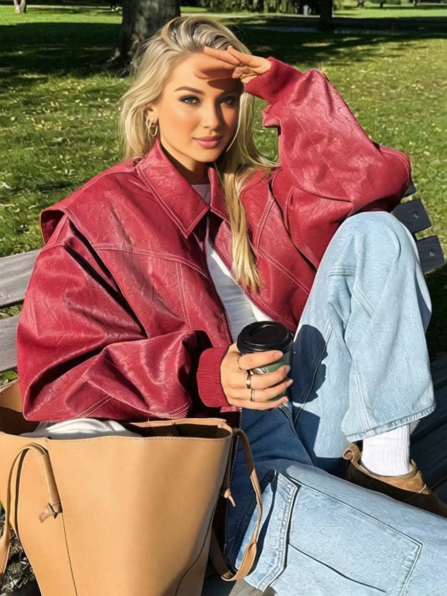 Levoire | Veste De Motard En Simili Cuir Poches Col À Revers Manches Longues Femme Élégant Vintage Décontracté Surdimensionné Rot