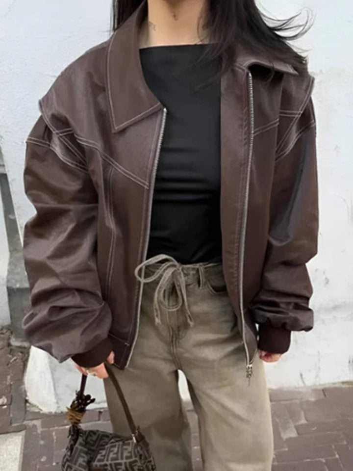 Levoire | Veste De Motard En Simili Cuir Poches Col À Revers Manches Longues Femme Élégant Vintage Décontracté Surdimensionné Braun