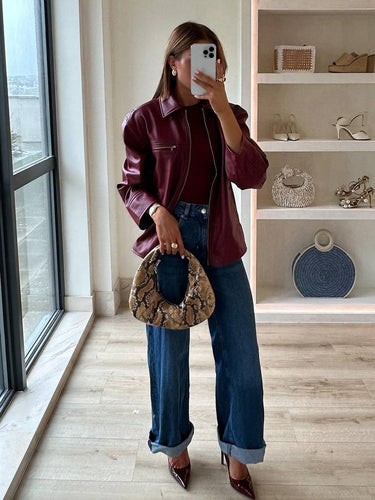 Levoire | Veste En Simili Cuir Polo Fermeture Éclair Poches Manches Longues Femme Élégante Décontractée Mode Blouson