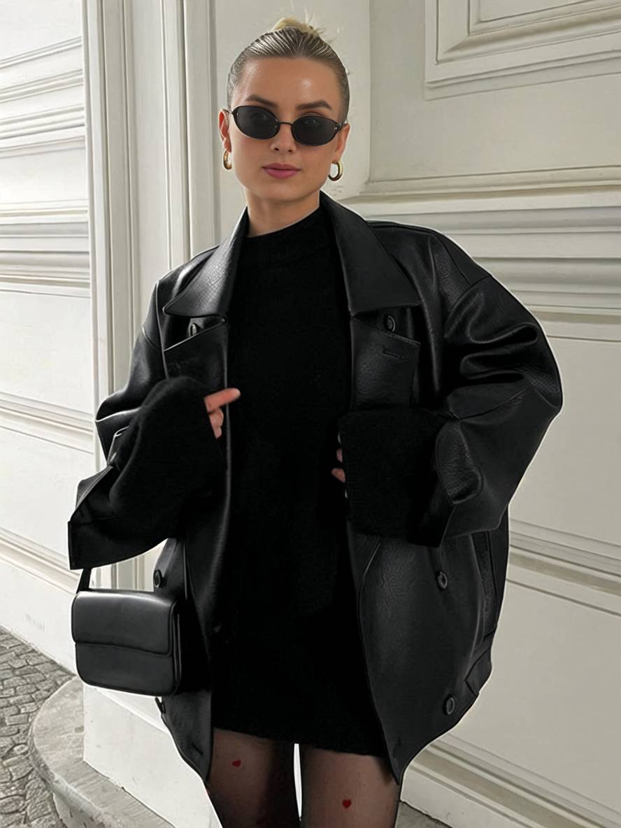 Levoire | Blazer En Similicuir Avec Double Rangée De Boutons, Poches, Manches Longues, Femmes, Décontracté, Large, Loisirs Noir