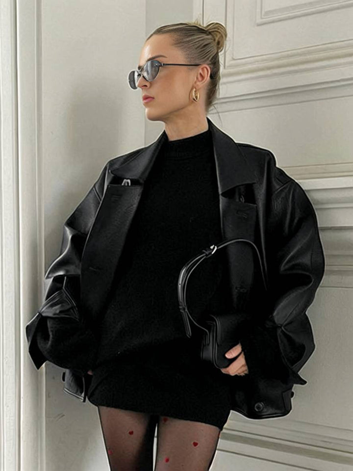 Levoire | Blazer En Similicuir Avec Double Rangée De Boutons, Poches, Manches Longues, Femmes, Décontracté, Large, Loisirs