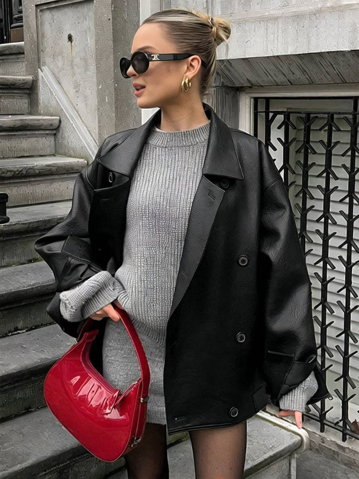 Levoire | Blazer En Similicuir Avec Double Rangée De Boutons, Poches, Manches Longues, Femmes, Décontracté, Large, Loisirs