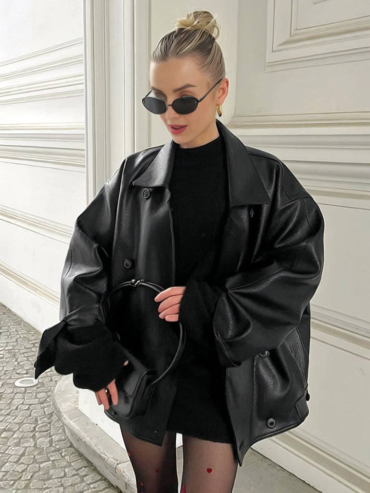 Levoire | Blazer En Similicuir Avec Double Rangée De Boutons, Poches, Manches Longues, Femmes, Décontracté, Large, Loisirs