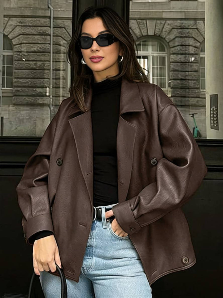 Levoire | Blazer En Similicuir Avec Double Rangée De Boutons, Poches, Manches Longues, Femmes, Décontracté, Large, Loisirs Braun