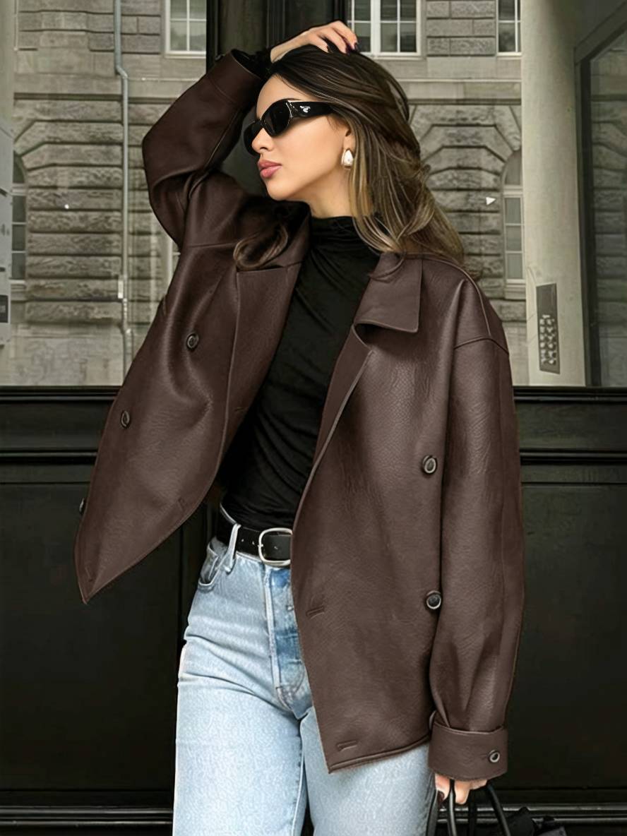 Levoire | Blazer En Similicuir Avec Double Rangée De Boutons, Poches, Manches Longues, Femmes, Décontracté, Large, Loisirs