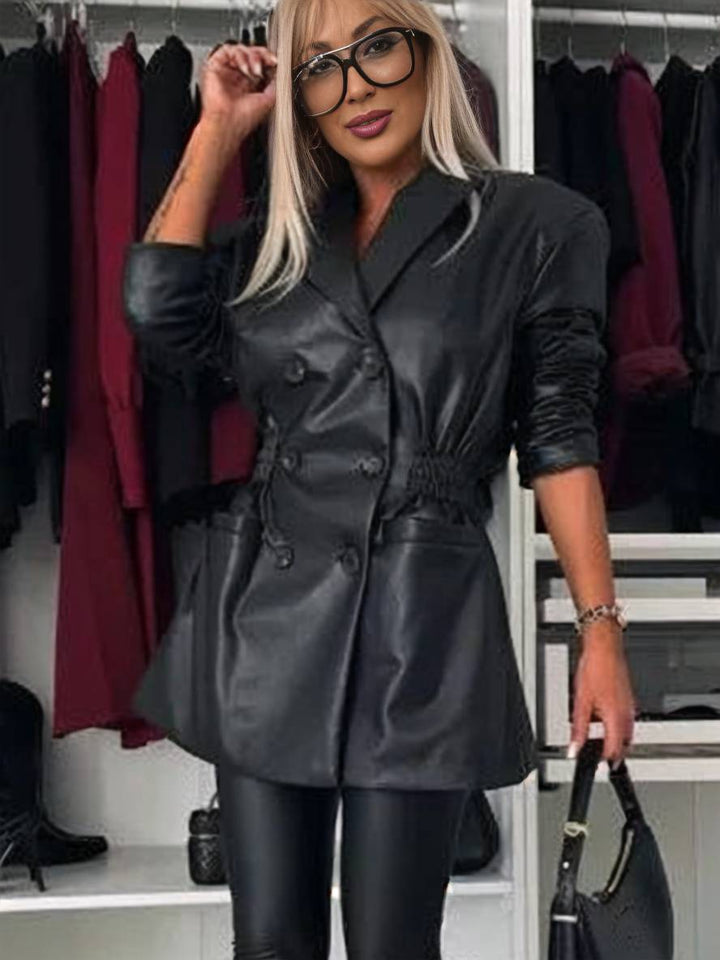 Levoire | Veste En Cuir Artificiel À Double Boutonnage À Manches Longues Mode De Loisirs Élégante Pour Femmes Noir